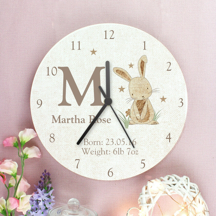 Personalised Hessian Rabbit Shabby Chic Large Wooden Clock Wall Clocks Mini Bee