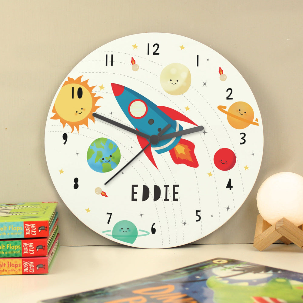Personalised Rocket in Space Large Wooden Clock Wall Clocks Mini Bee
