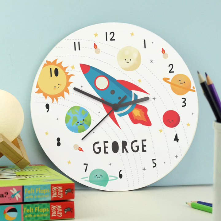 Personalised Rocket in Space Large Wooden Clock Wall Clocks Mini Bee