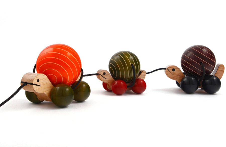 Wooden Toy Turtle Family Pull Along Baby Activity Toys Ethiqana Orange Green Brown
