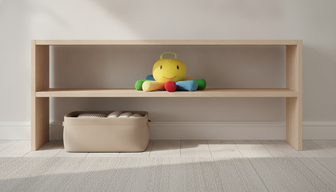A single organic cotton soft toy from Nestoro's soft toys range, arranged tidily on a shelf with a storage box below for toy rotation