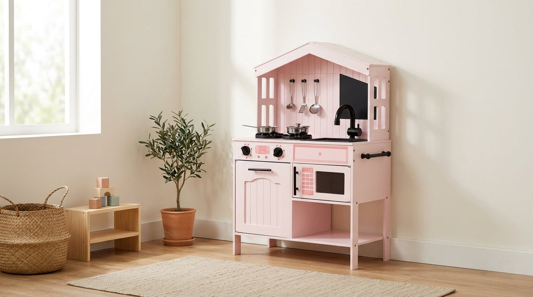 MeowBaby Pink Cottage Wooden Play Kitchen with pitched canopy roof in a bright playroom