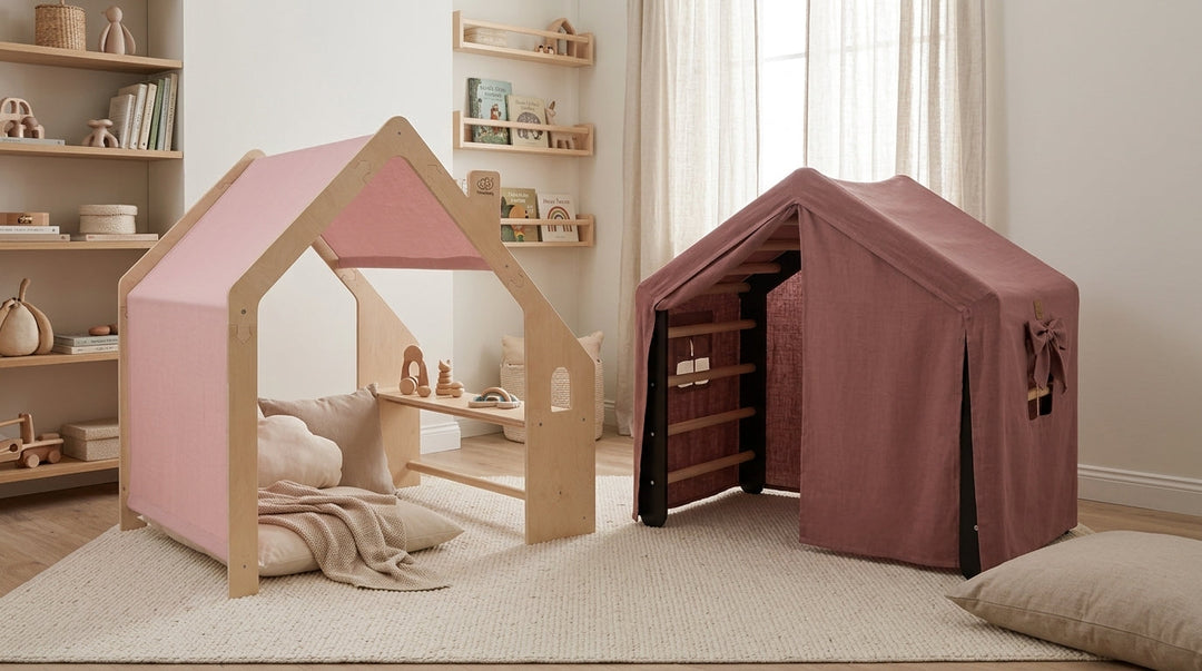 MeowBaby Natural Wooden Playhouse with pink roof and Large House and Ladder Climbing Set styled together in a bedroom