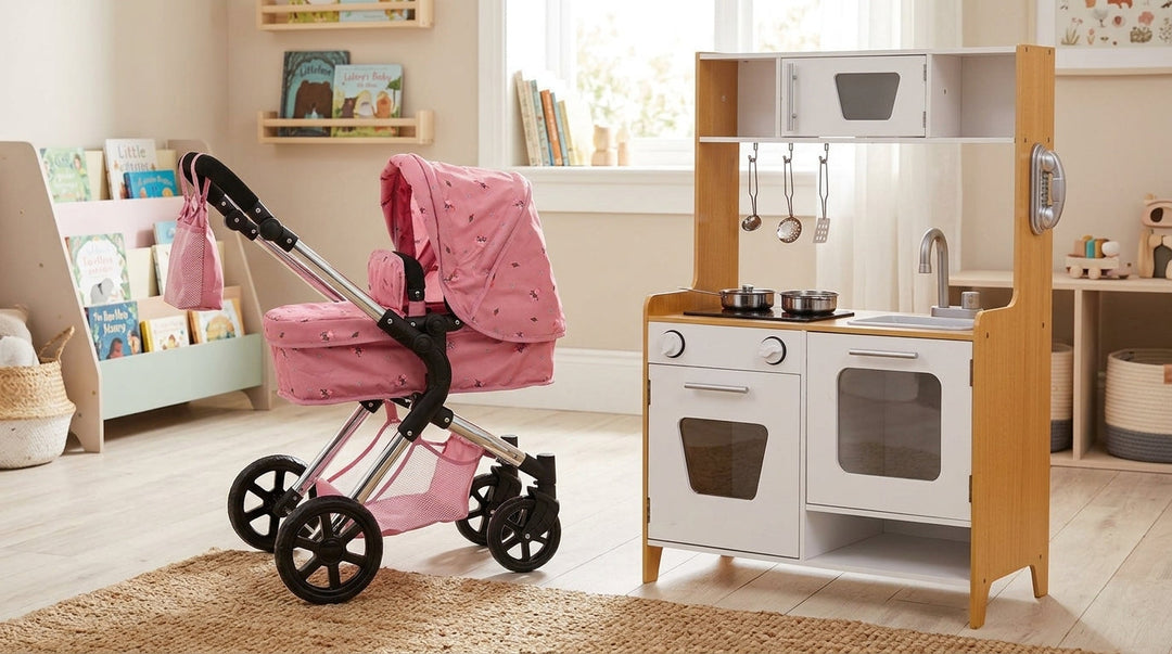 Roma Darcie dolls pram and MeowBaby Natural and White Wooden Play Kitchen styled together as a gift guide pairing