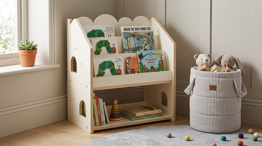 MeowBaby Montessori Bookcase with books displayed cover-forward beside a MeowBaby Aesthetic Toy Storage Basket in a playroom