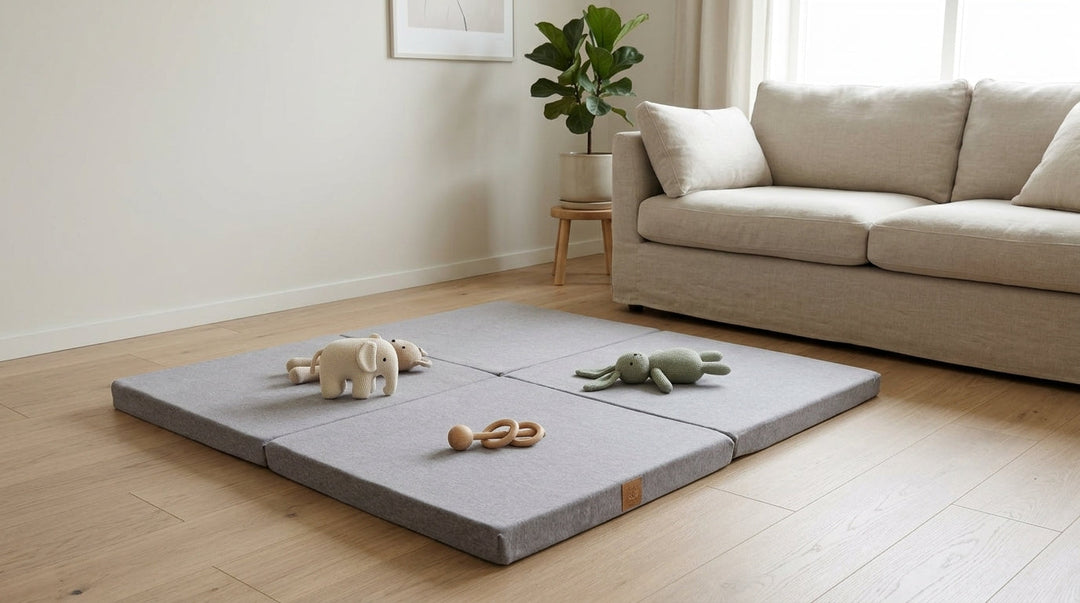 Light grey velvet square play mat with baby toys on an oak floor in a calm living room