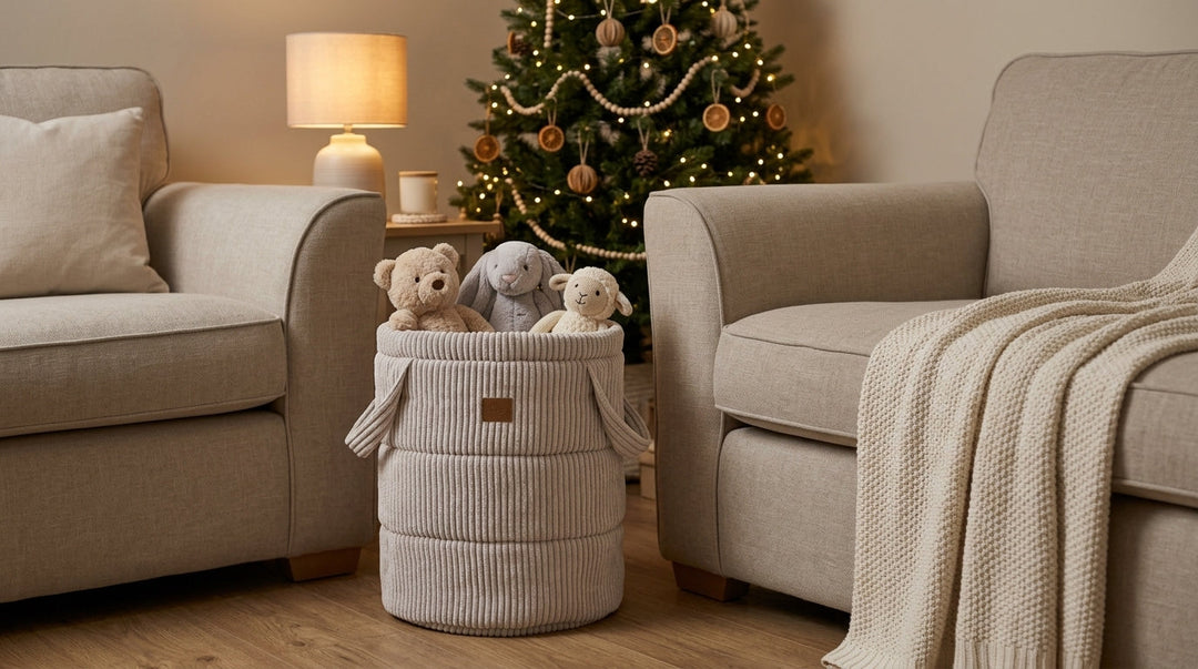 Ecru corduroy toy storage basket holding soft toys beside a sofa in the evening