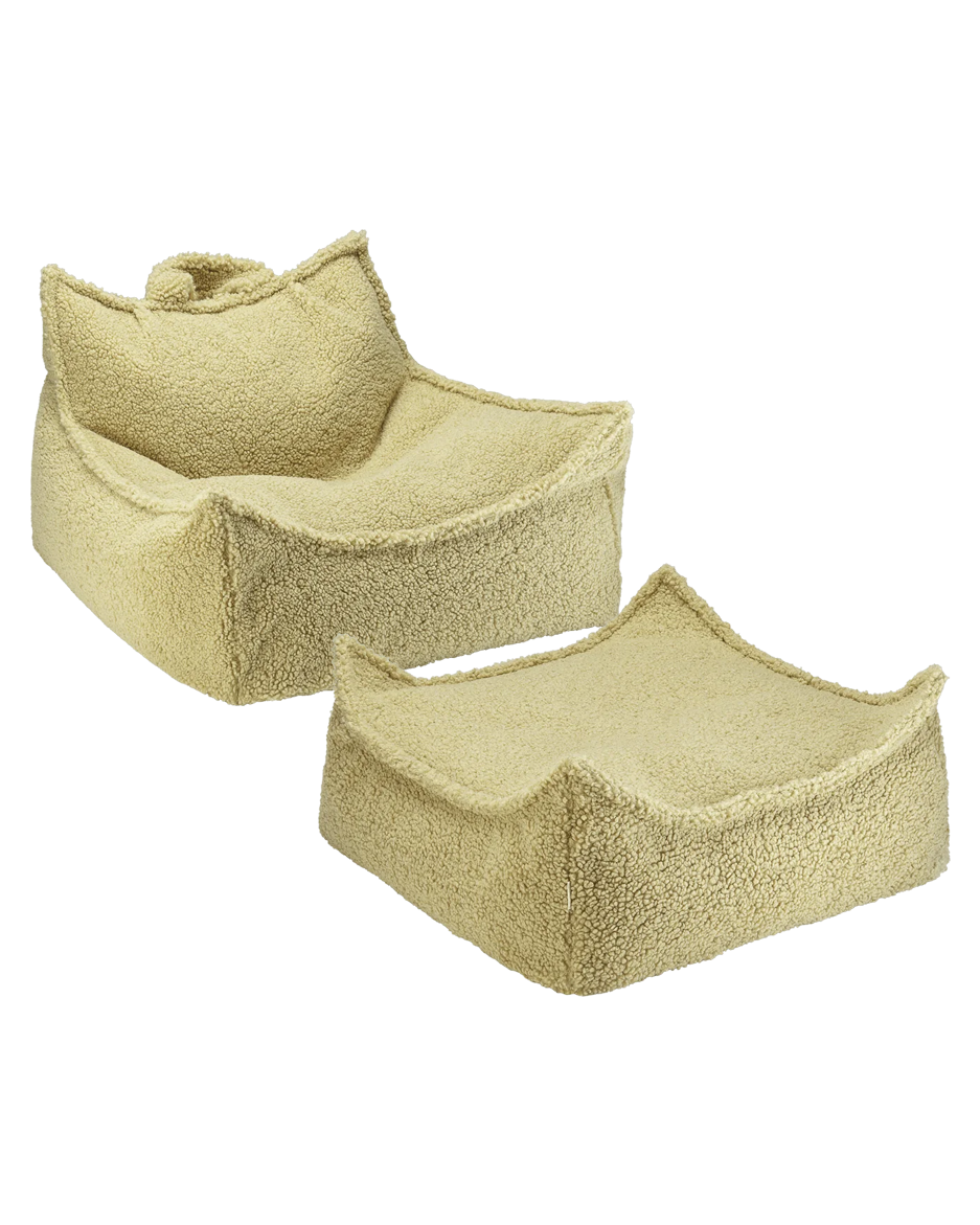 Pale yellow Wigiwama beanbag chair and ottoman product shot, white background
