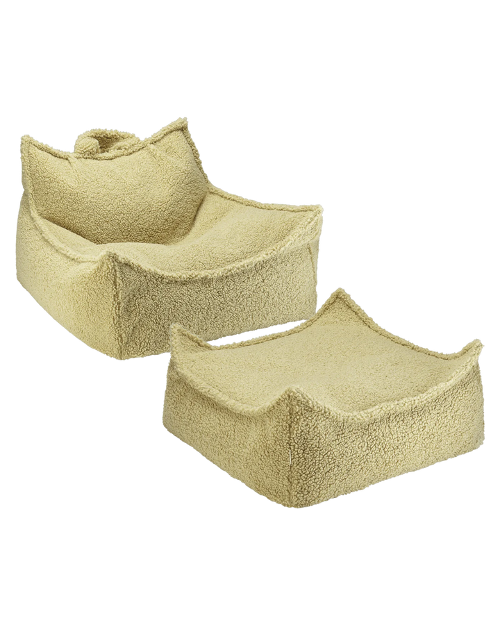 Pale yellow Wigiwama beanbag chair and ottoman product shot, white background