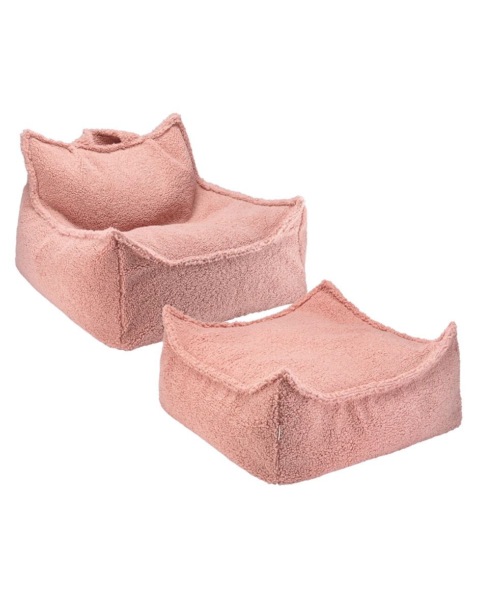 Pale pink Wigiwama ribbed beanbag chair and square ottoman closeup
