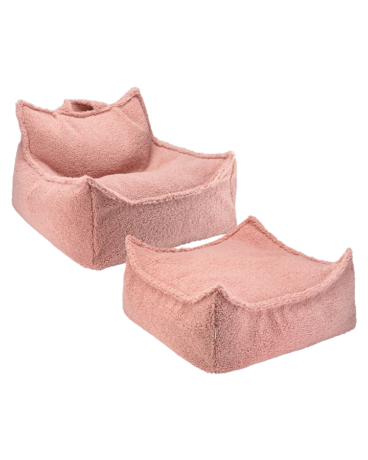 Pale pink Wigiwama ribbed beanbag chair and square ottoman closeup