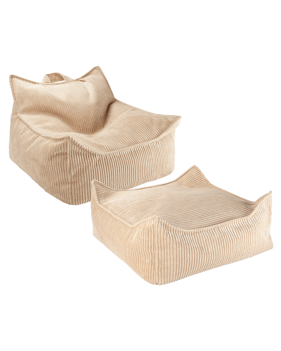 Beige Wigiwama beanbag chair and square ottoman pair, angled top view on white background