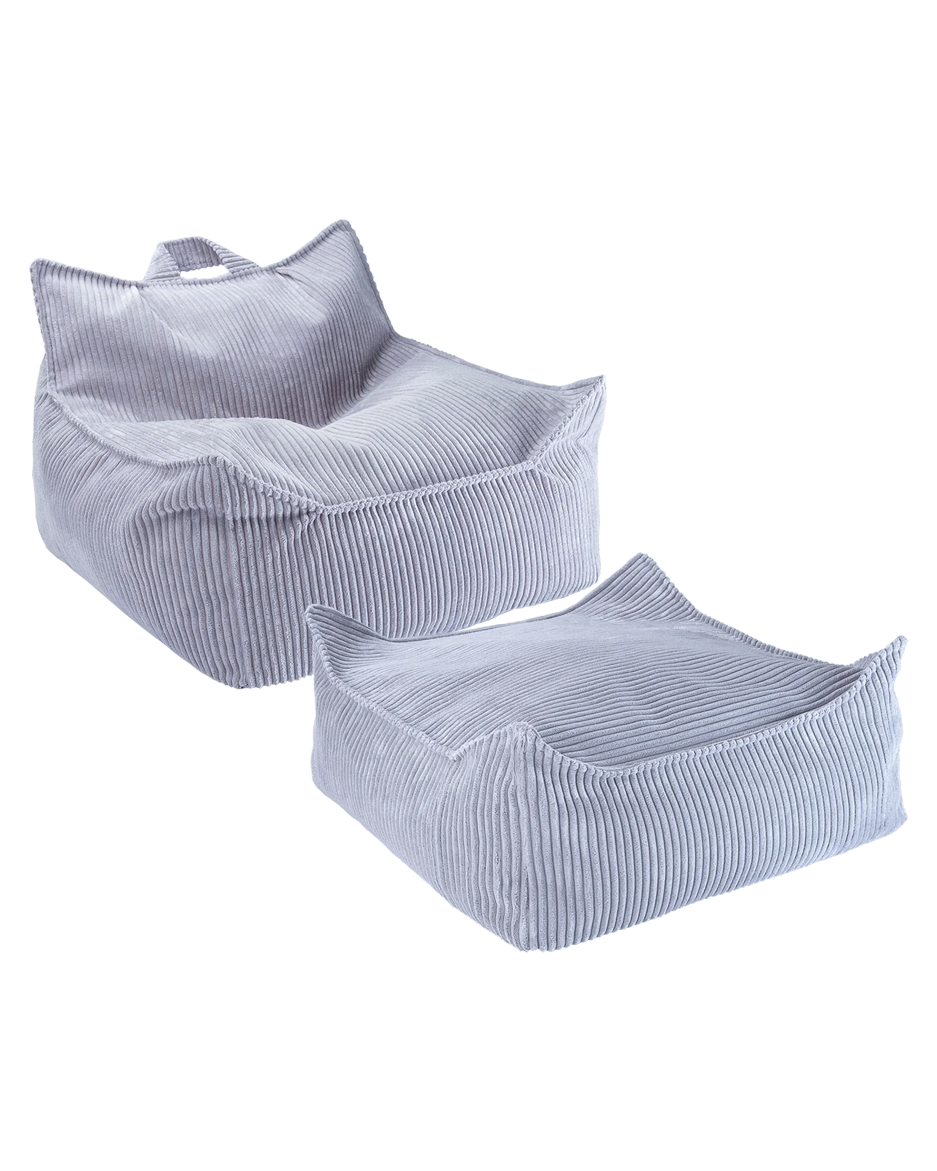 Lavender Wigiwama beanbag chair and ottoman closeup, white background