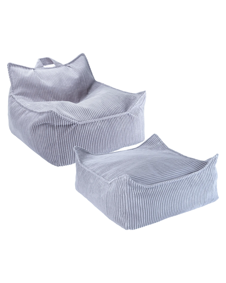Lavender Wigiwama beanbag chair and ottoman closeup, white background