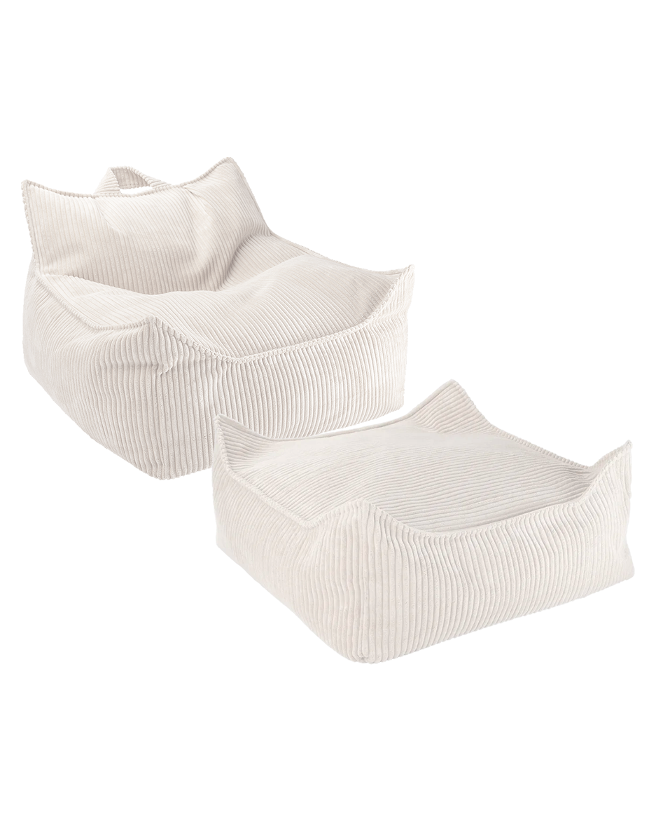 Cream Wigiwama beanbag chair and ottoman set, white background product shot