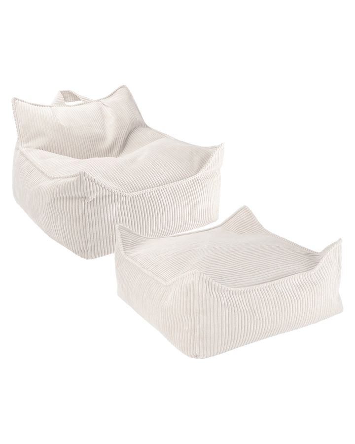 Cream Wigiwama beanbag chair and ottoman set, white background product shot