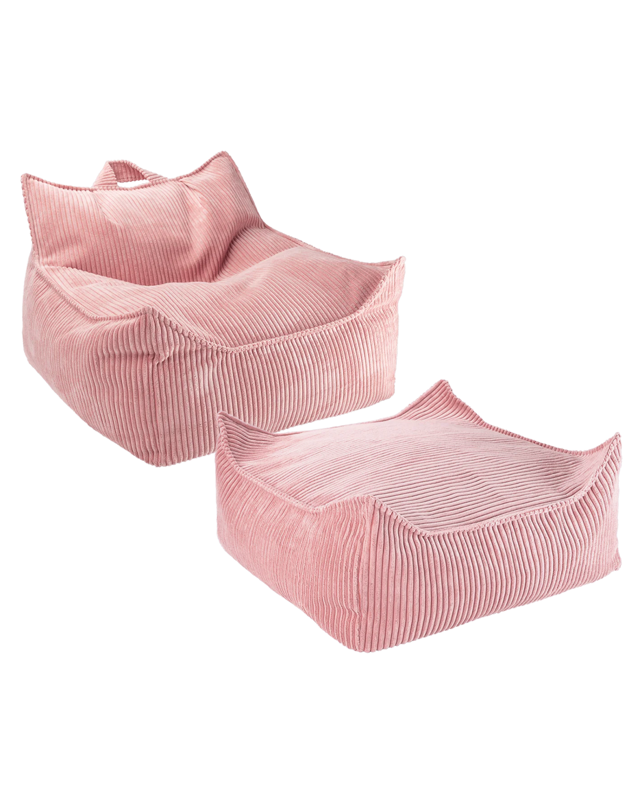 Lavender Wigiwama beanbag set with styling elements, yellow curtain and furniture