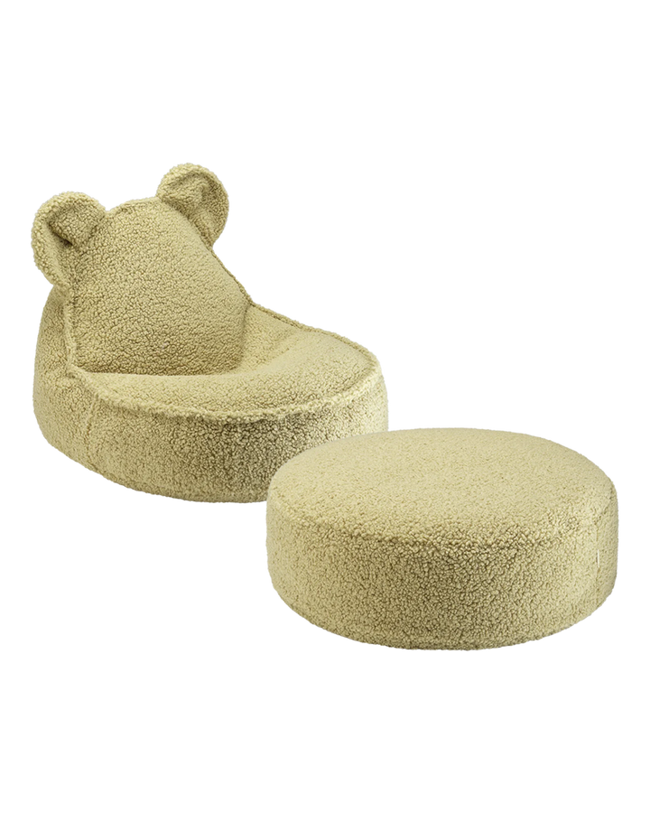 Sage green textured Wigiwama bear-shaped beanbag chair paired with round pouf