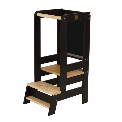 MeowBaby Wooden Learning Tower with Chalkboard in Black with Natural Elements
