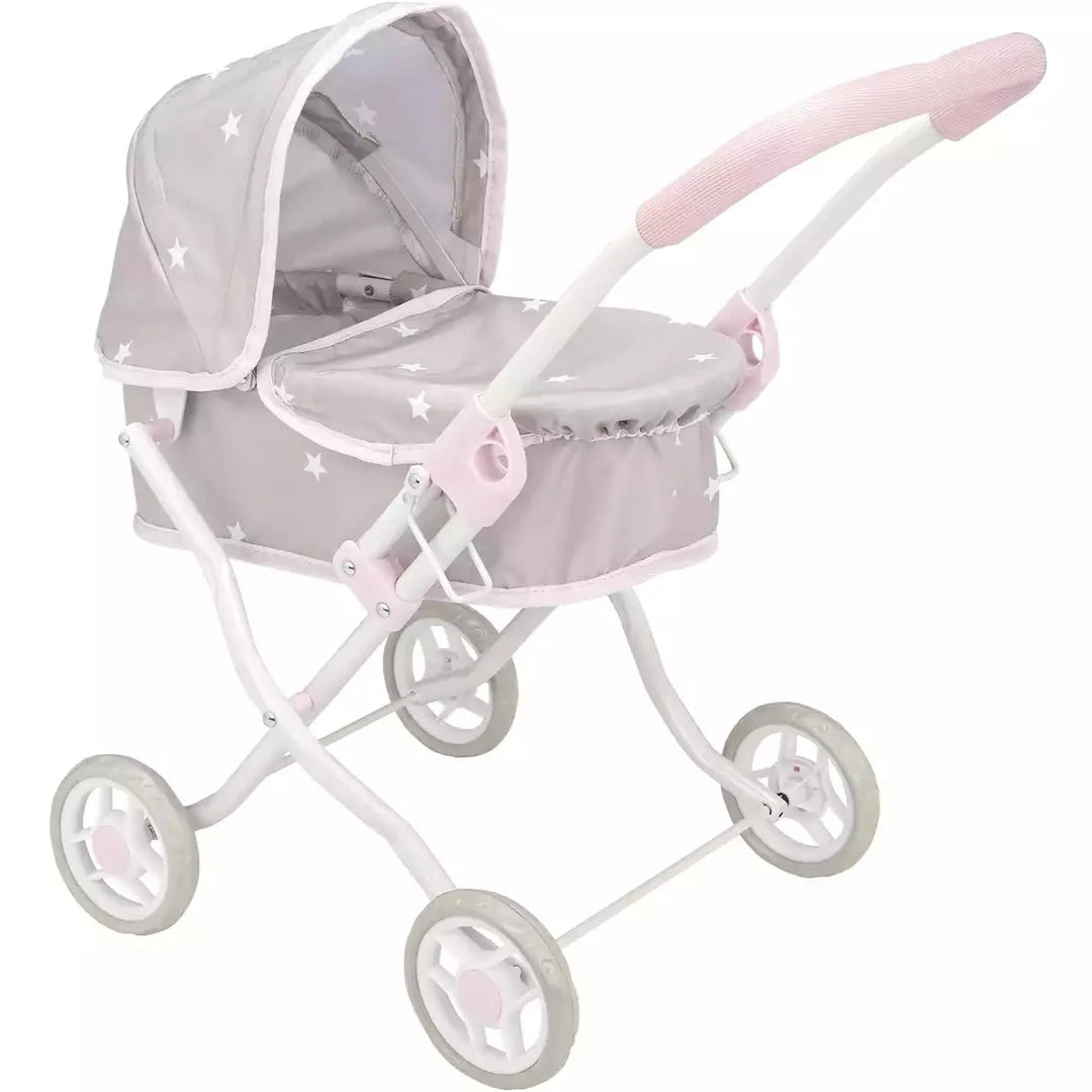 Arias Emma dolls pram in grey and pink with a white star pattern, three-quarter view
