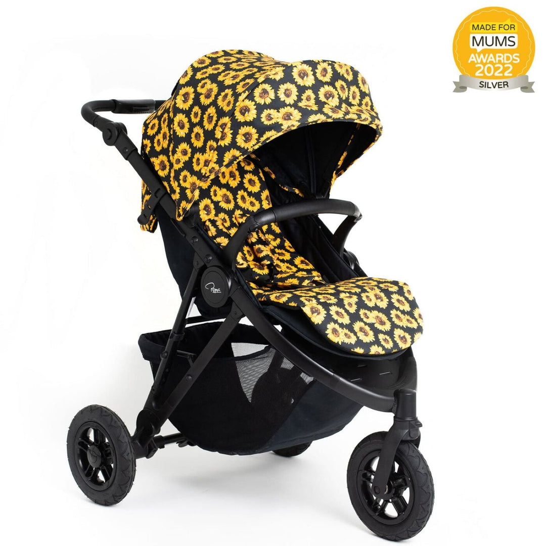 Roma Atlas 3 wheel pram in Sunflower, front three-quarter view on black chassis