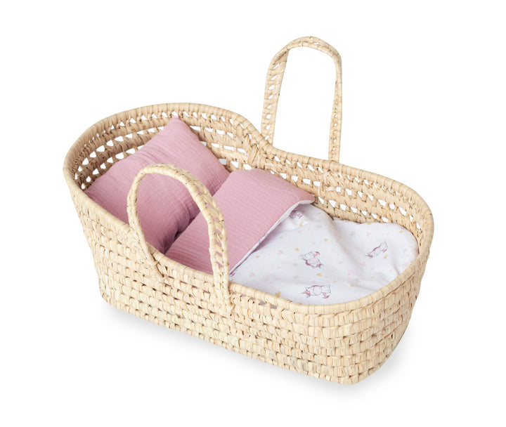 Antonio Juan Palm Moses Basket, Unicorn print, for dolls up to 42cm, additional angle showing the basket&
