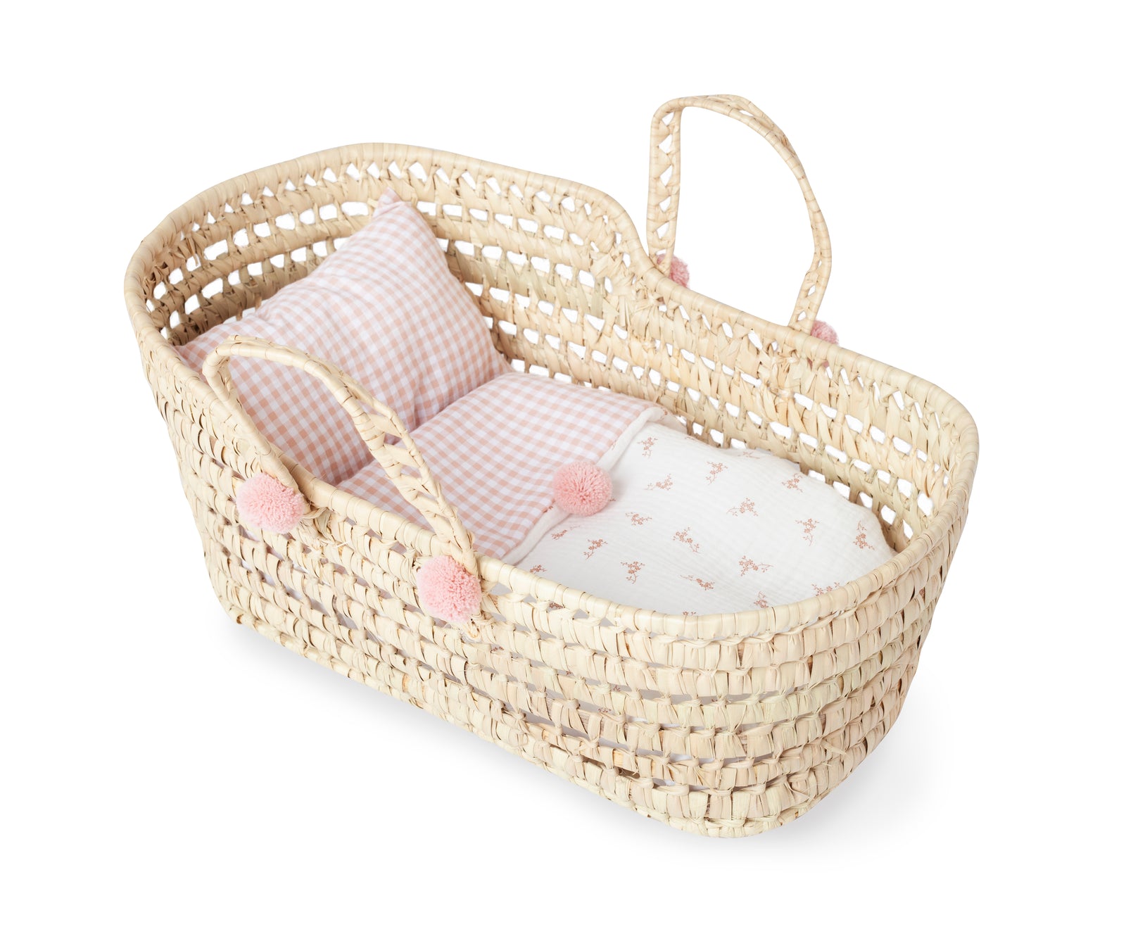 Antonio Juan Palm Moses Basket, Floral print, for dolls up to 42cm, front view showing the woven palm basket and floral fabric lining