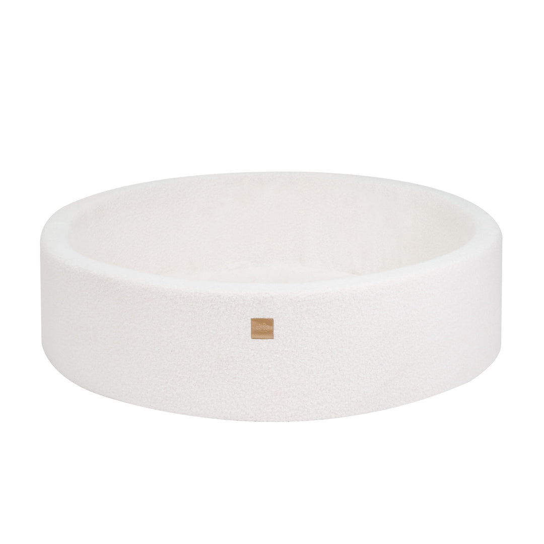 MeowBaby White Boucle Round ball pit, 120cm wide low-profile version with MeowBaby branding tag