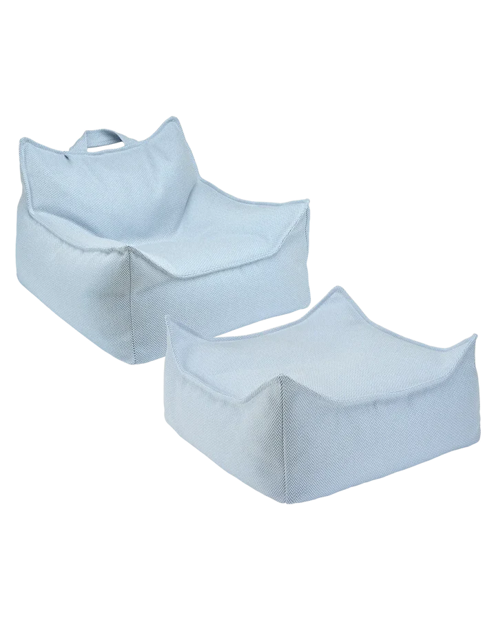 Light blue outdoor beanbag chair and square ottoman set, studio product view