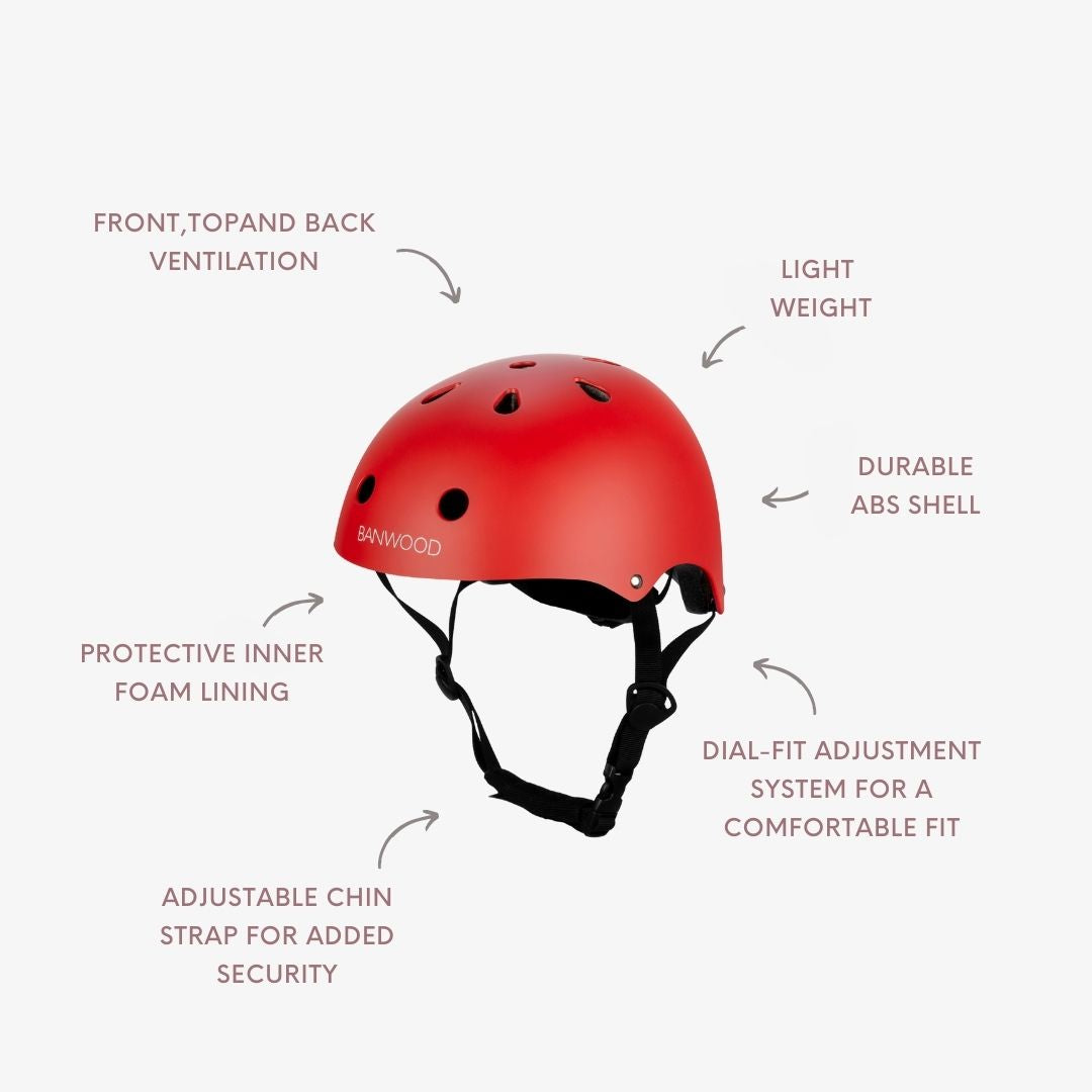 Banwood Classic Helmet feature diagram labelling ventilation, ABS shell, dial-fit system and chinstrap