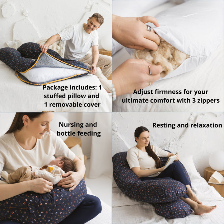 MINICAMP U-shaped comfort pillow package contents, zip and in-use collage, navy blue cover