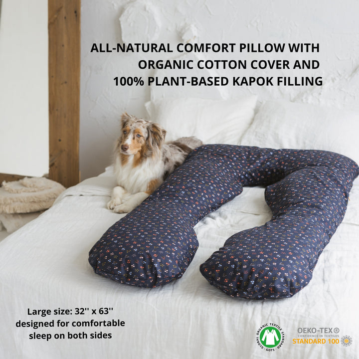 MINICAMP U-shaped comfort pillow in navy blue, all-natural organic cotton cover with kapok filling
