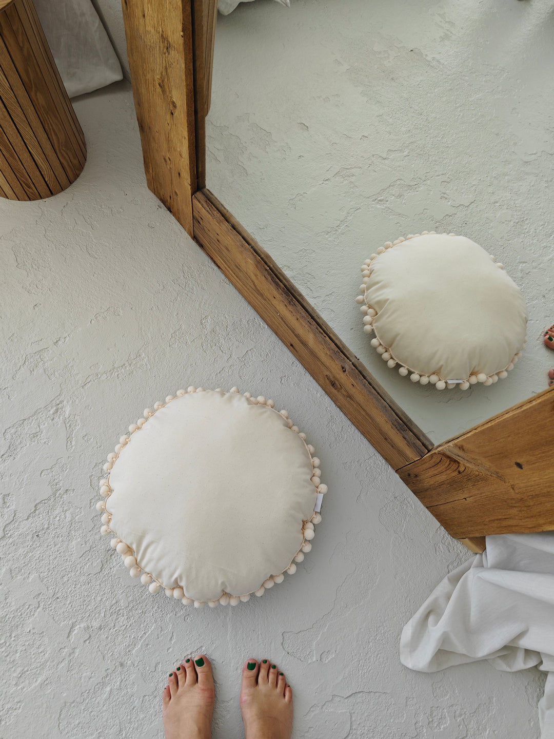 MINICAMP Throw Pillow in Ecru with Pompom Trim