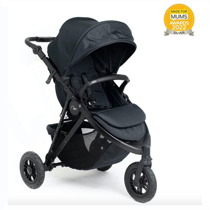 Roma Atlas 3 wheel pram in Jet Black, front three-quarter view on black chassis