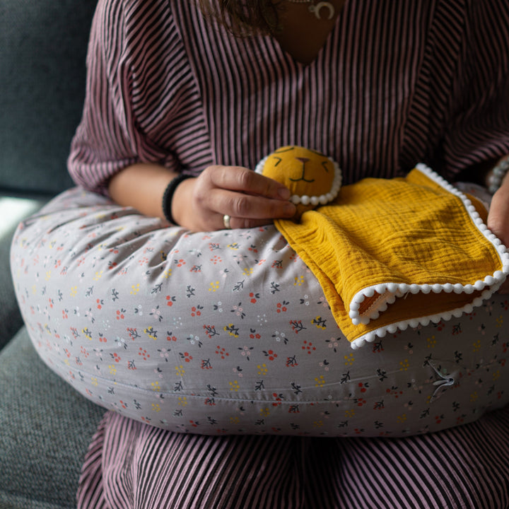 MINICAMP C-Shape Pillow, Grey floral organic cotton cover, product photograph