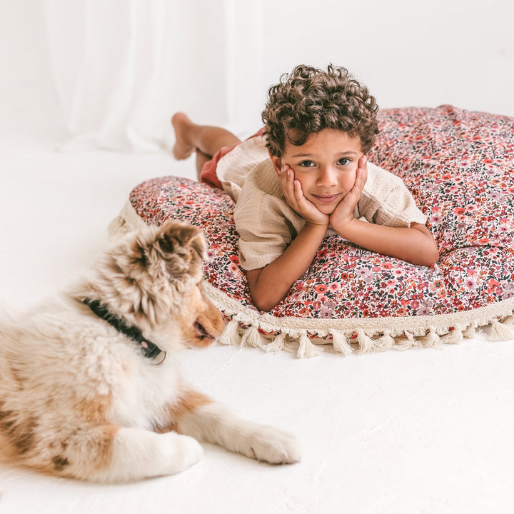 MINICAMP rose floral floor cushion, top view