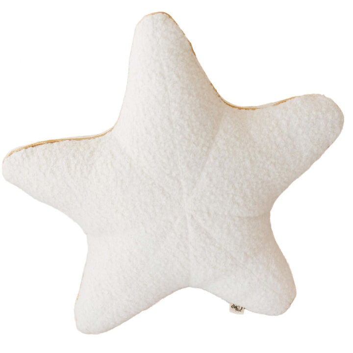 Ecru bouclé starfish cushion with golden metallic trim, front view