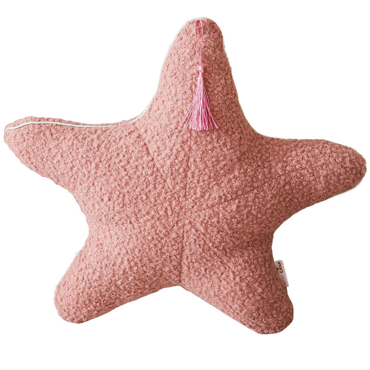 Rose bouclé starfish cushion with metallic trim, front view