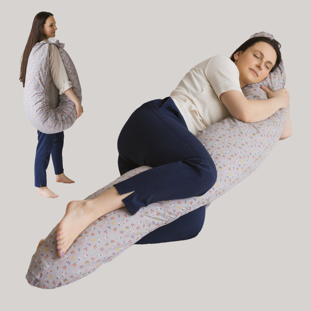 MINICAMP C-Shape Pillow, Grey floral organic cotton cover, collage showing carrying and nursing use