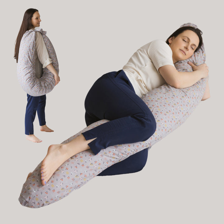 MINICAMP C-Shape Pillow, Grey floral organic cotton cover, collage showing carrying and nursing use