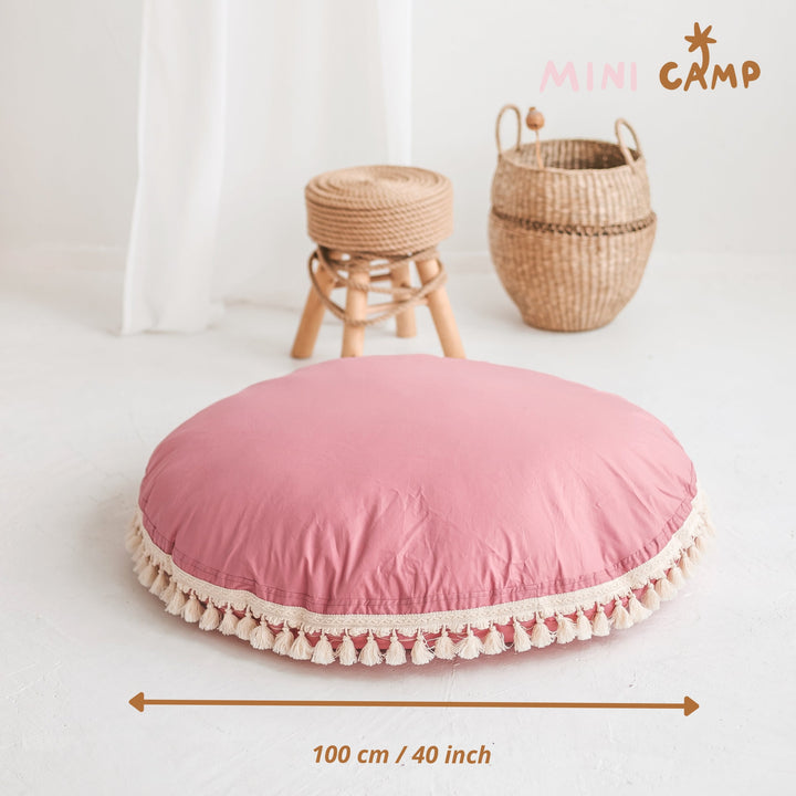 MINICAMP rose tasselled floor cushion, side view