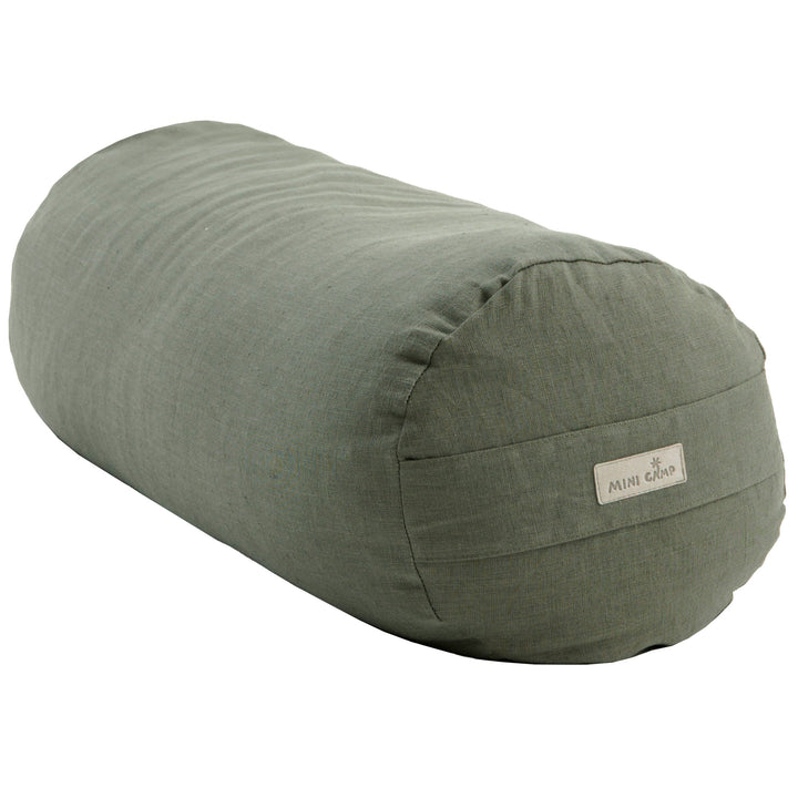 MINICAMP Yoga Bolster Meditation Cushion in Forest Green, 100% linen round bolster with woven MINICAMP label