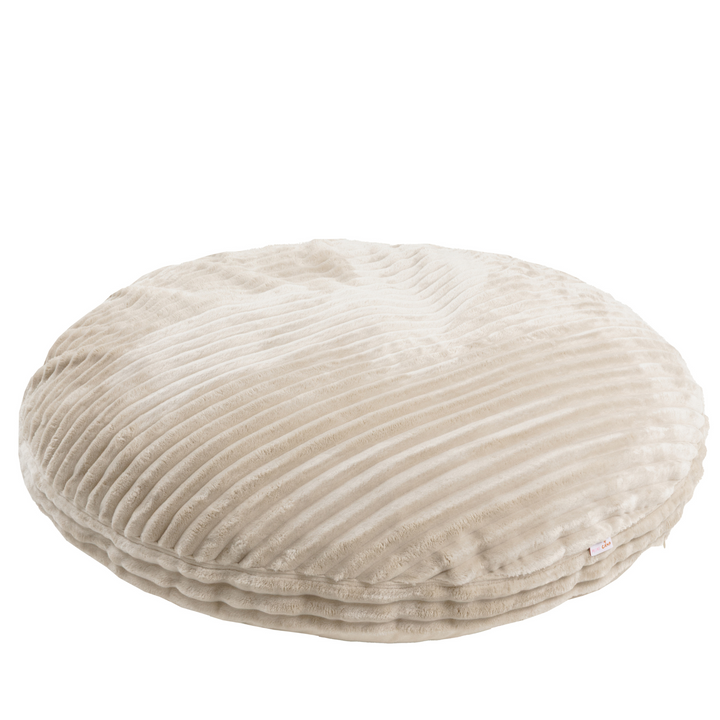 The MINICAMP ecru corduroy-style floor cushion shown from above, round shape with wide wale ribbed texture