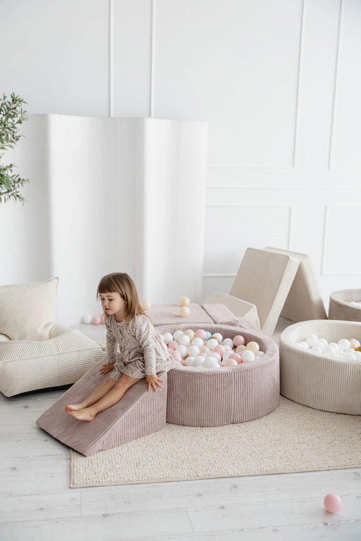 Monio for Kids Dirty Pink Corduroy Round Ball Pit — product detail showing corduroy cover and zip closure
