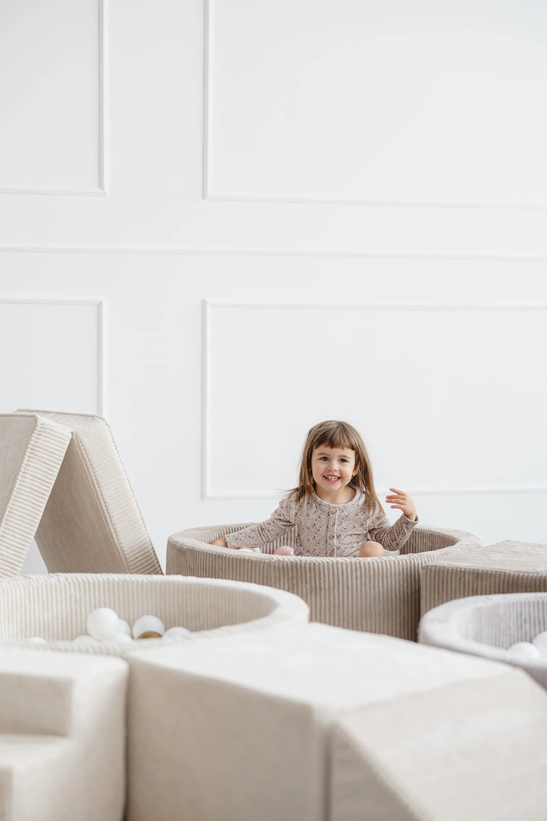 Monio for Kids Grey Corduroy Round Ball Pit — overhead view showing 90cm inner diameter