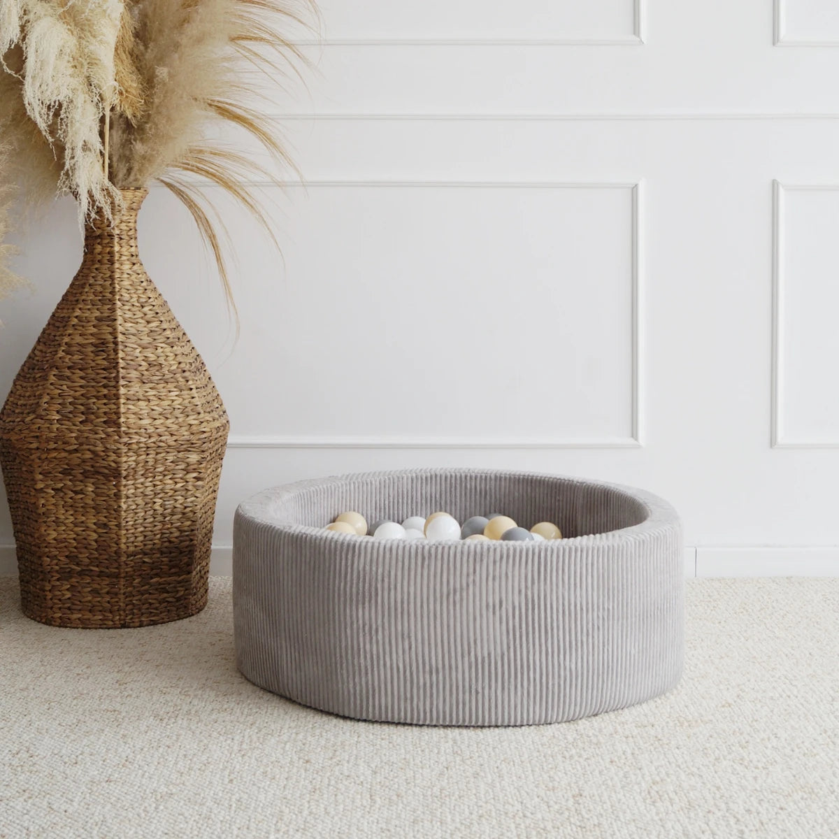 Monio for Kids Grey Corduroy Round Ball Pit — hero product image showing grey ribbed corduroy texture