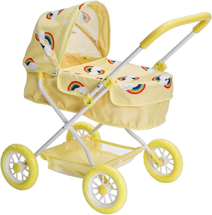 Roma Rupert Dolls Pram in Primrose, rainbow print fabric with white frame, side view