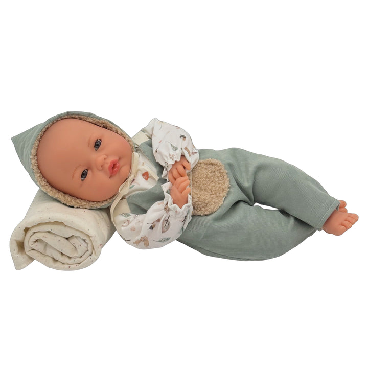 Roma Fern Doll, 37cm, dressed in green botanical print with fur blanket