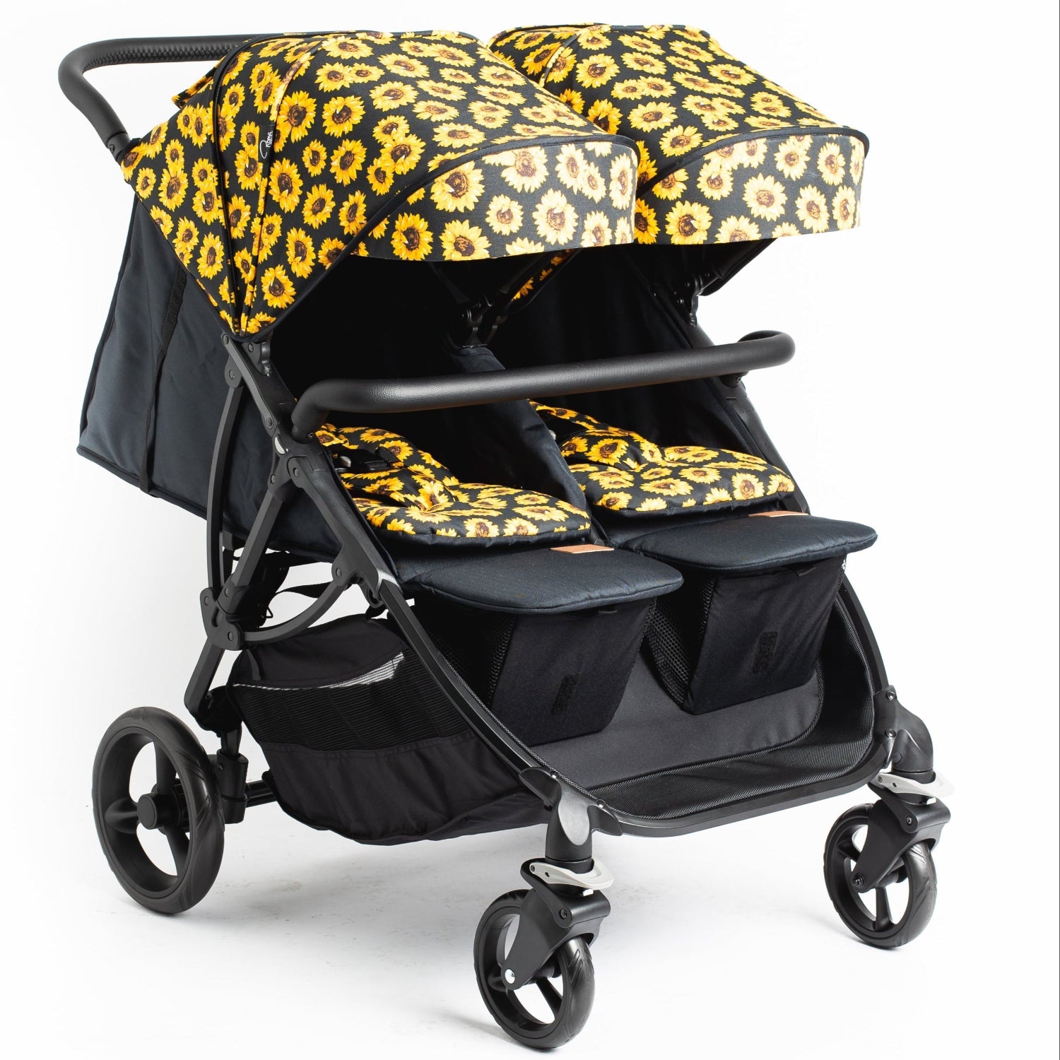 Roma Gemini 2 double pushchair in Sunflower, hero view showing both lie-flat seat units