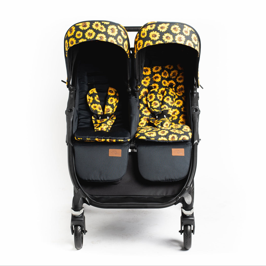 Roma Gemini 2 double pushchair in Sunflower, close-up of seat liner and harness